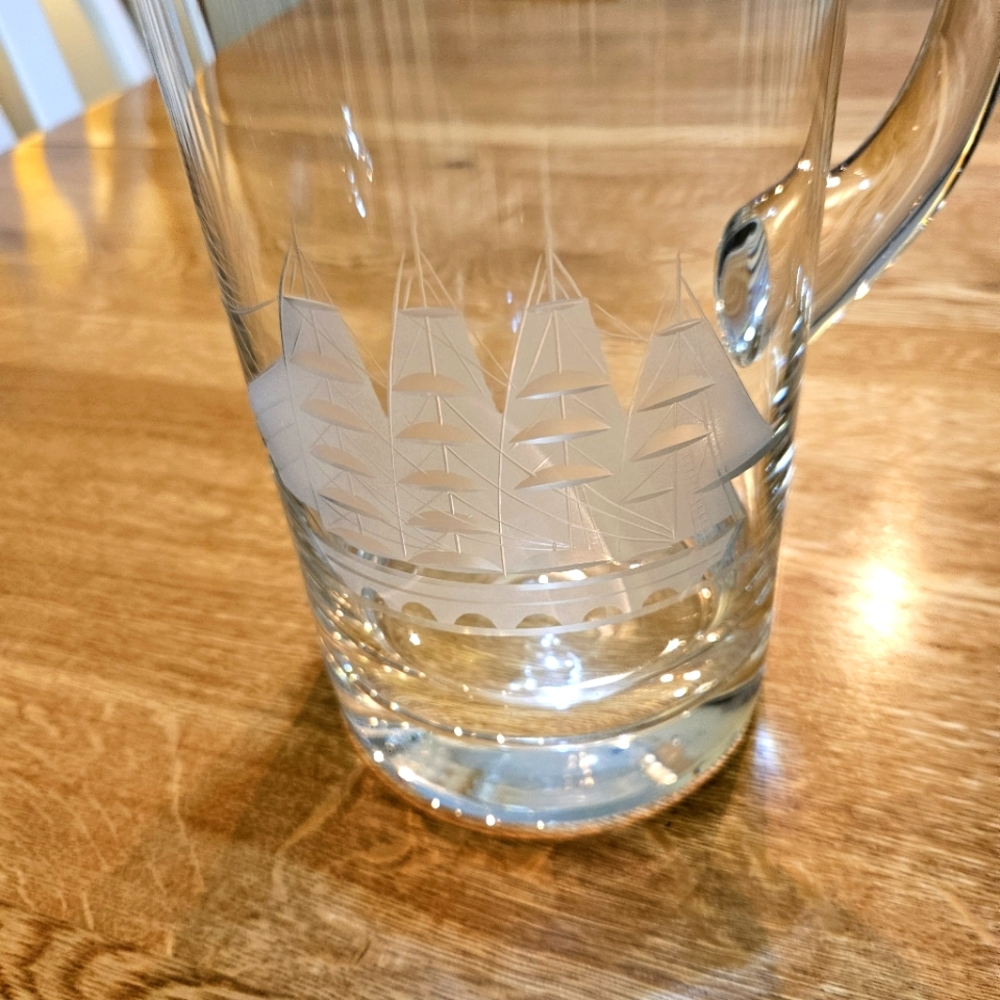 Schooner Ship Etched Glass Pitcher